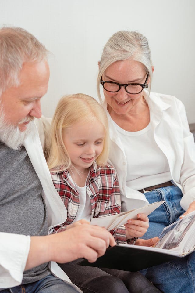 Grandparent sharing stories with their grandchild